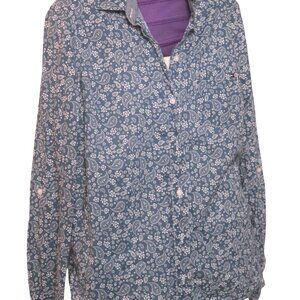 🎊3 FOR $10 TOMMY HILLFIGER WOMENS SMALL BLUE AND WHITE FLORAL BUTTON DOWN SHIRT